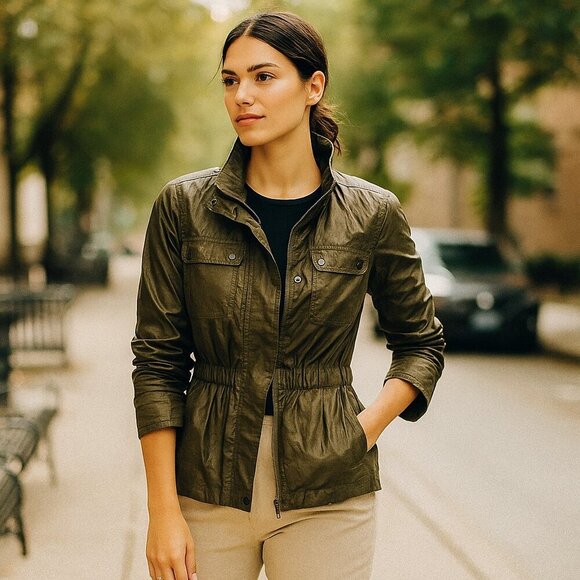 City Safari Chic Women's Green Cinched Waist Jacket Lightweight Utility Spring - Picture 1 of 13